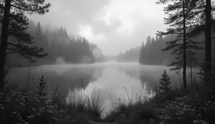 A black and white landscape photograph of a calm lake surrounded by dense forests. The lake reflects the dramatic sky filled with clouds, with mist rising from the water's surface. Tall grasses and wildflowers frame the foreground, adding depth to the scen...