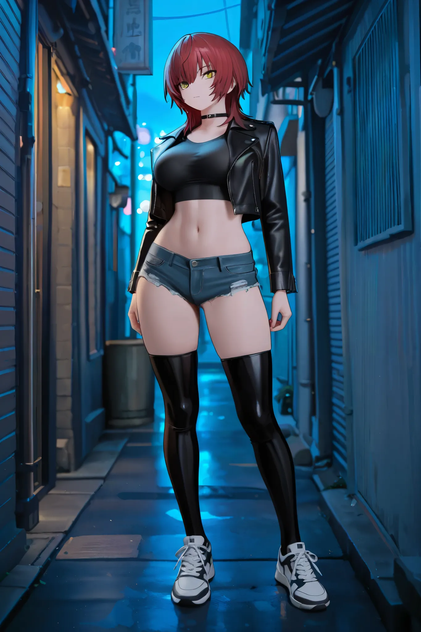 NSFW,masterpiece,Highest quality,High Resolution,very detailed, boyish girl,high school girl, red hair ,medium hair,wolf cut,stupid hair,with golden eyes,choker,leather jacket, crop top shirt ,DENIM SHORTS,knee-high socks,Sneakers, night entertainment dist...