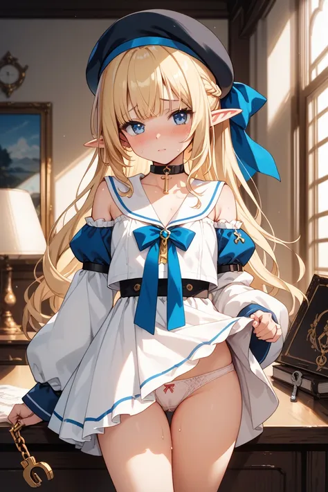 Elf、 Gold、Blue Eyes、Ponytail、Oversized ribbon 、shy face、panties、sweat、Private room、room、 beret, Black Hat, joint, choker, key, sailor color, shoulder cutouts, white dress, Detachable sleeves