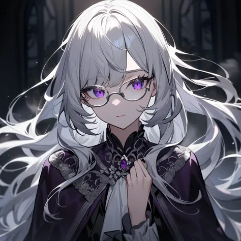 Anime girl, silver hair, dark purple eyes, silver rimmed glasses, beautiful, cold expression, apathetic, emotionless face, dark background, cool, noble, aristocratic