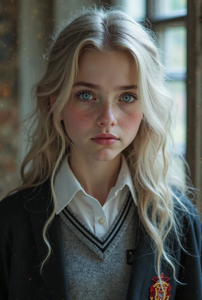 A beautiful young girl with silver-blond hair, blue eyes, wearing a necklace, a faint crescent-shaped scar on her left wrist, pale skin, pink-red lips, wearing a Hogwarts school uniform.