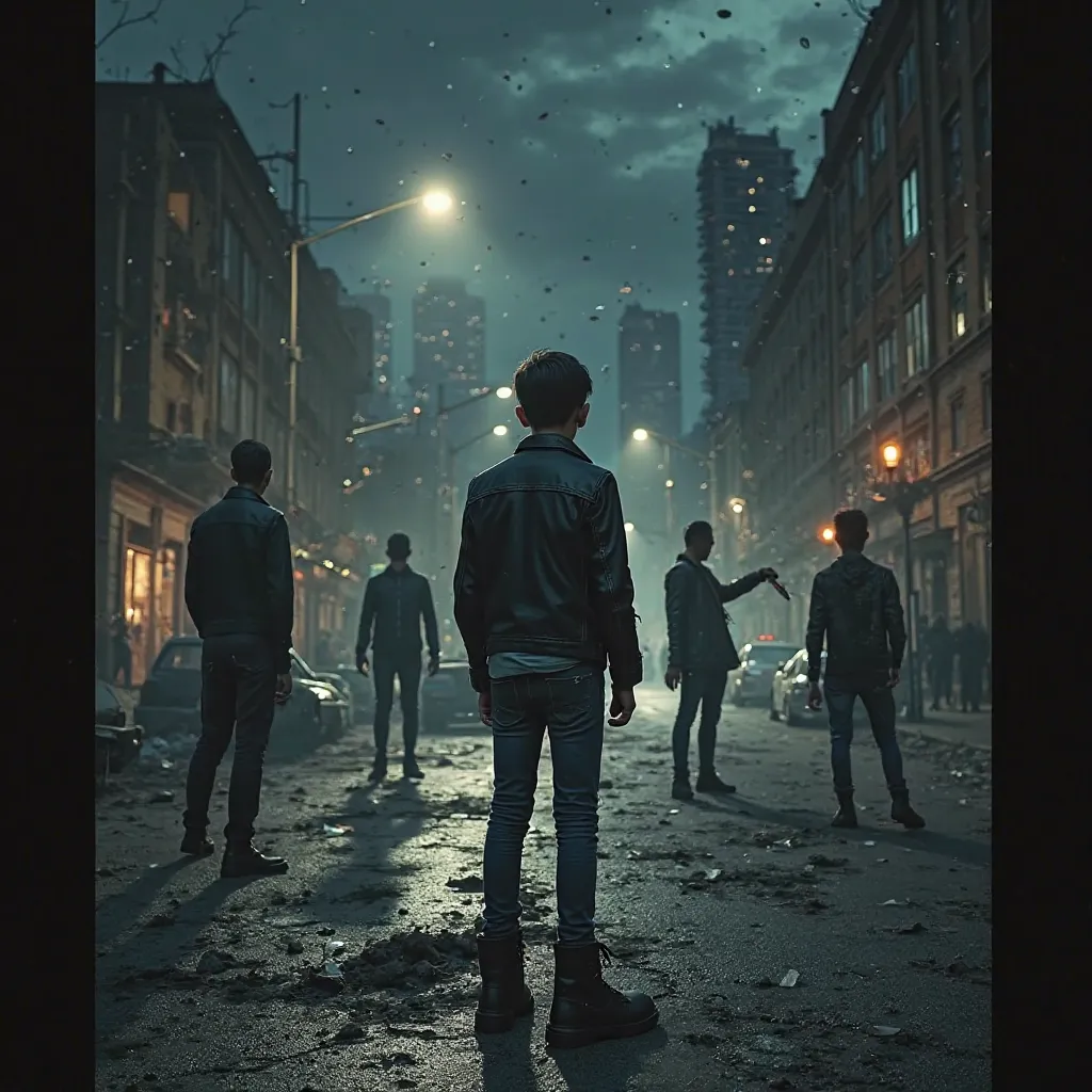 Violent Things - Concept

The scene takes place in a dark, crumbling city street at night. The sky is pitch black, with storm clouds swirling above, casting an oppressive atmosphere over the scene. The boy stands in the middle of the frame, slightly farthe...