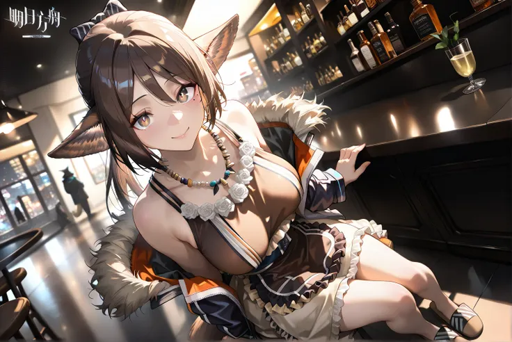 female,(((alone))) fox tail。looking at viewer, brown dress, brown slippers,,,((Perfumer)),((Perfumer_\(arknights\))), Perfumer_\(arknights\)。tiny boobs。
,( beautiful eyes:1.5),smile,,Photorealistic Background,Bar counter, is sitting, best quality, amazing ...