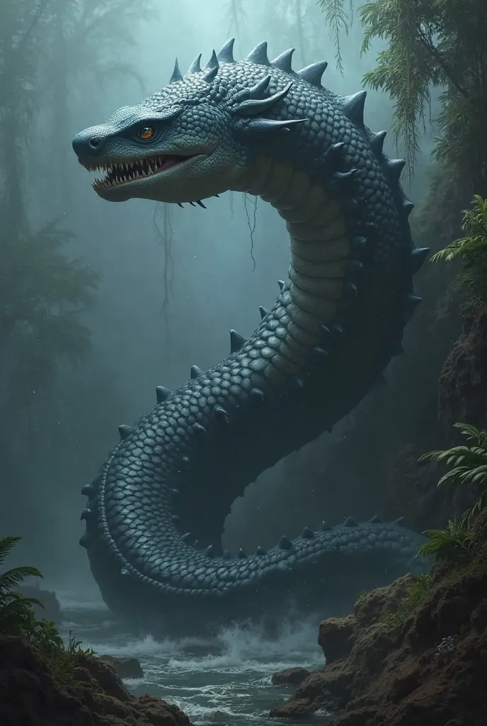  Create a highly detailed digital painting of a hybrid creature that is a fusion of a shark and a giant snake. The creature has the sleek, muscular body of a massive serpent, covered in smooth, dark, scale-like shark skin. Its head is that of a great white...