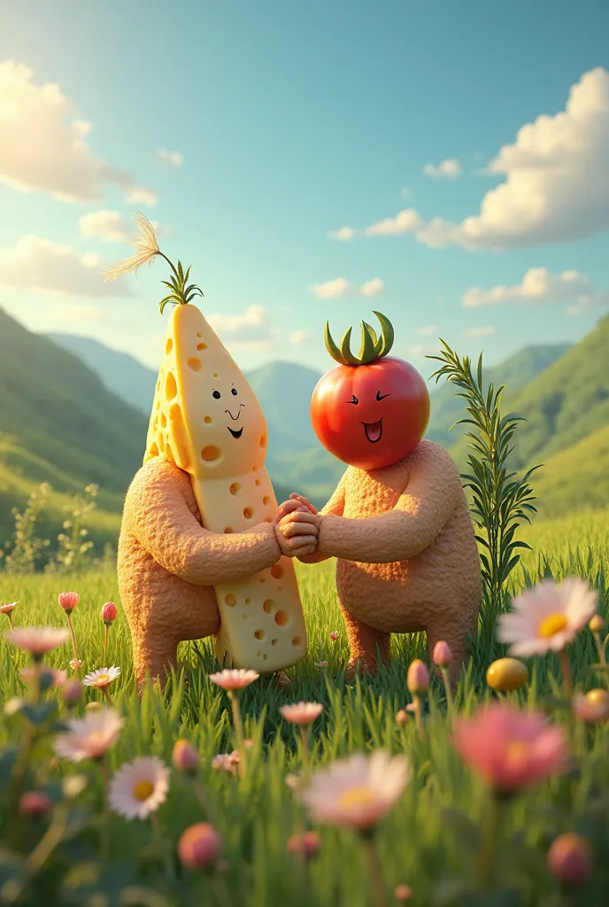 sentient greek food holding hands in a field