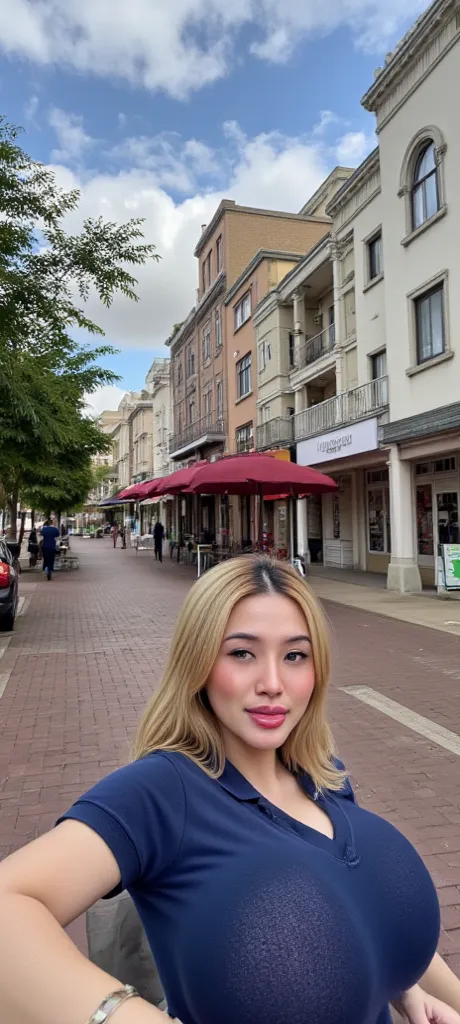  , picture of a woman in town,  standing Photography, Photo, ( large)balllarge, ,extremely huge    ,   and a dark blue v-neck polo shirt,  blonde hair ,  high resolution ,,   huge Botox lips,  face full of Botox, Botox face, Botox face, huge inflated  , Th...