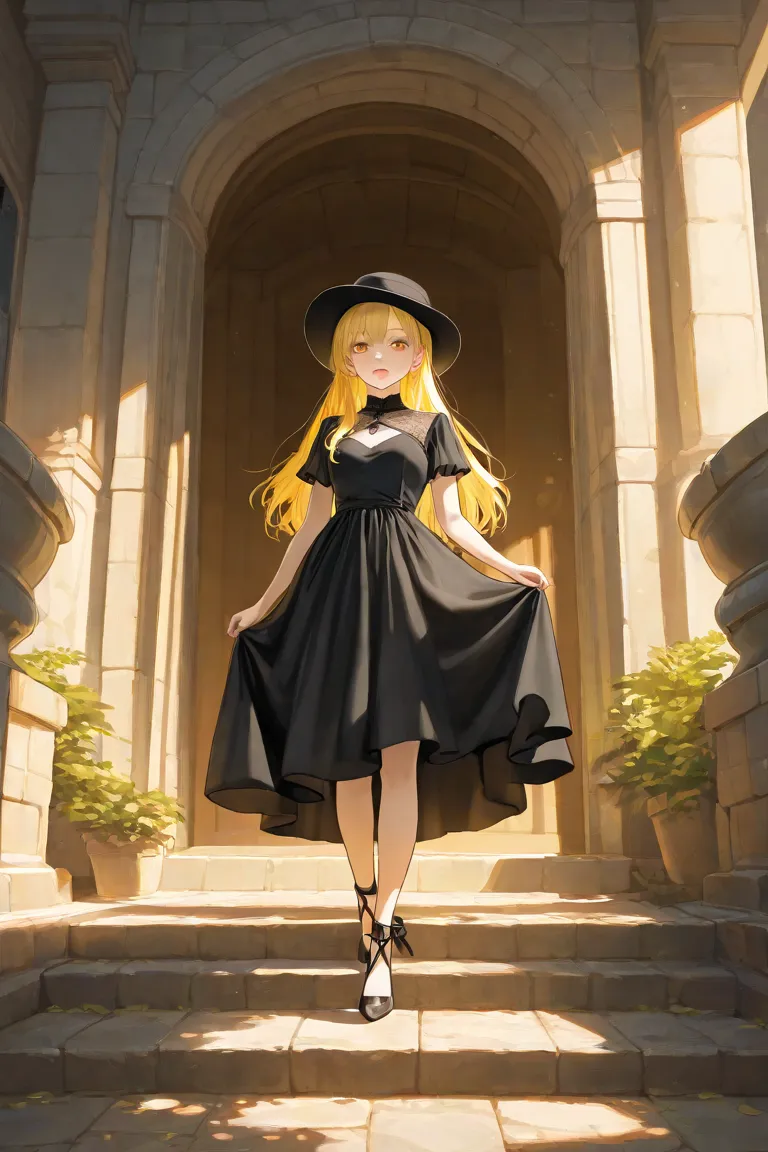 Yellow hair , long hair , black hat , short black dress 