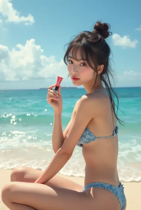 A Korean woman on the beach sitting on the sand wearing only a blue bikini with her hair tied up and bangs With big breasts Holding a lip gloss with the name ray liko on the front (realista)