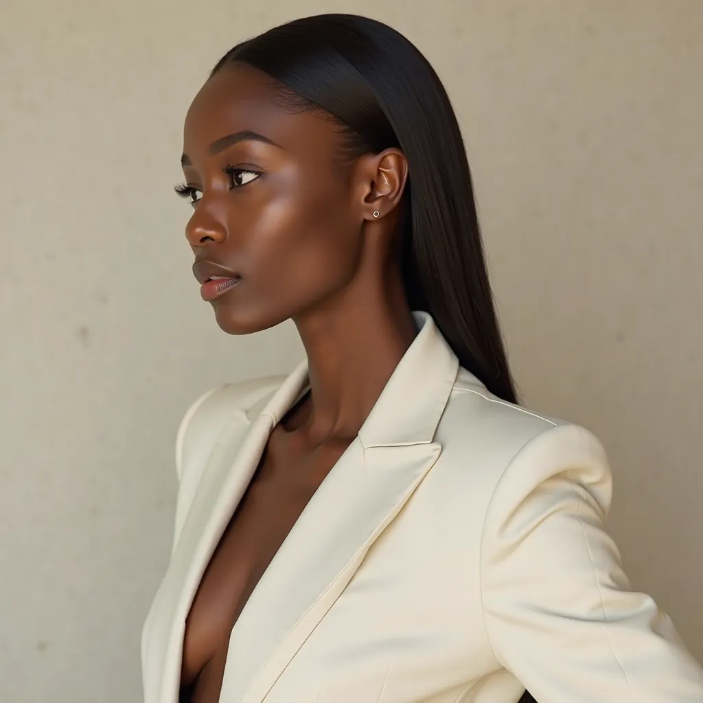 "Ultra realistic portrait of a black woman with light golden skin, sculpted features , totally straight and long hair combed back.

📌 She wears an impeccable tailoring white blazer,  high throat, sem decotes, no transparencies.
📌 The pose is confident,  wi...