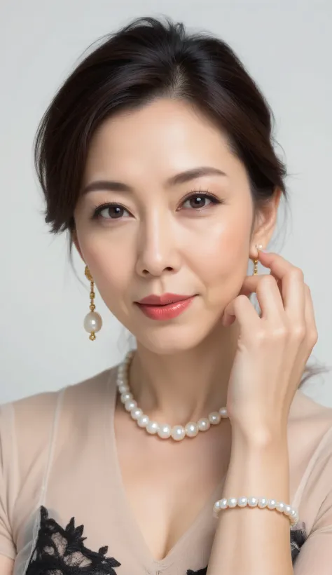 (mature woman, 48 years old, Japanese, masterpiece, top quality, High Resolution, realistic:1.37, sharp concentration:1.4, Unmatched Beauty's live venue , Ultimate beauty), close-up, fine laugh lines:1.2, Slightly Scarlet Natural Makeup , Gentl...
