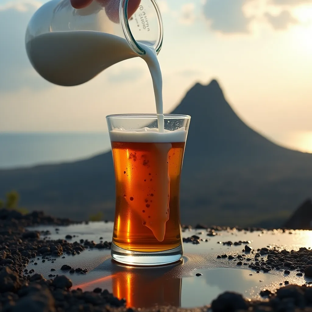 Genrate a highly realistic image of of a glass of a tea huge glass, near a big black volcanic mountain a milk being poured in it and a big tounge near the pouring milk and dolly ki tapri written on the glass 