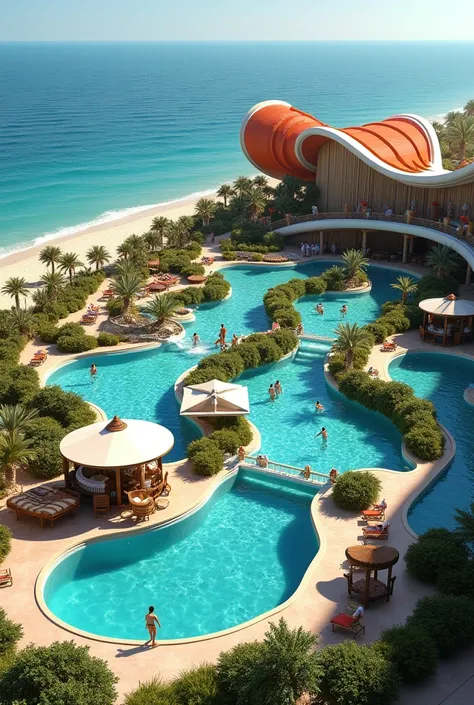 Create an abstract family beach hotel with a fun, circular water park, the hotel is a 5-star hotel