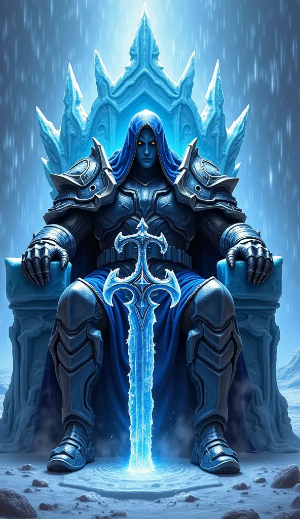 ((Hyperrealistic)) ((Precise)) Arthas as the Lich King, he wields his ice blade Frostmourne that has its blade covered in ice, he is sitting on the ice trone without his helmet Ice Crown.