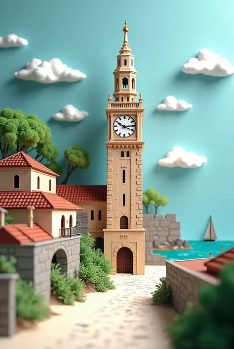 3 A 3D 4k  paper cut art of Galle Sri lanka in Galle Fort with intricate clock details