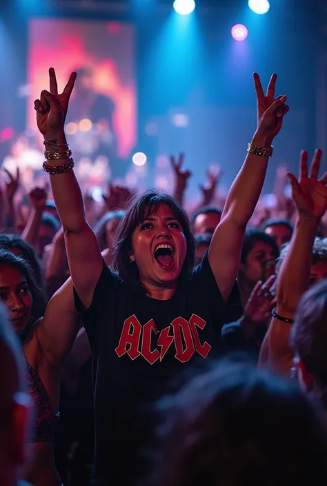 A vibrant crowd at a rock show,  captured from the front , with expressions of joy and emotion. People of different ages and styles raise their hands, some holding cell phones and others making the rock symbol. The stage lights illuminate their faces,  ref...