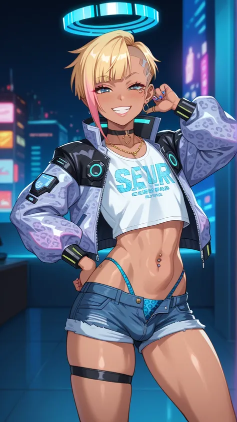 1boy, shota, very young, small boy, femboy, gyarufication, smile, gyaru,dark skin, leopard spots pattern g-string, blue booty shorts, cyberpunk, cyberwear, holograpphic halo, nsfw, nudity