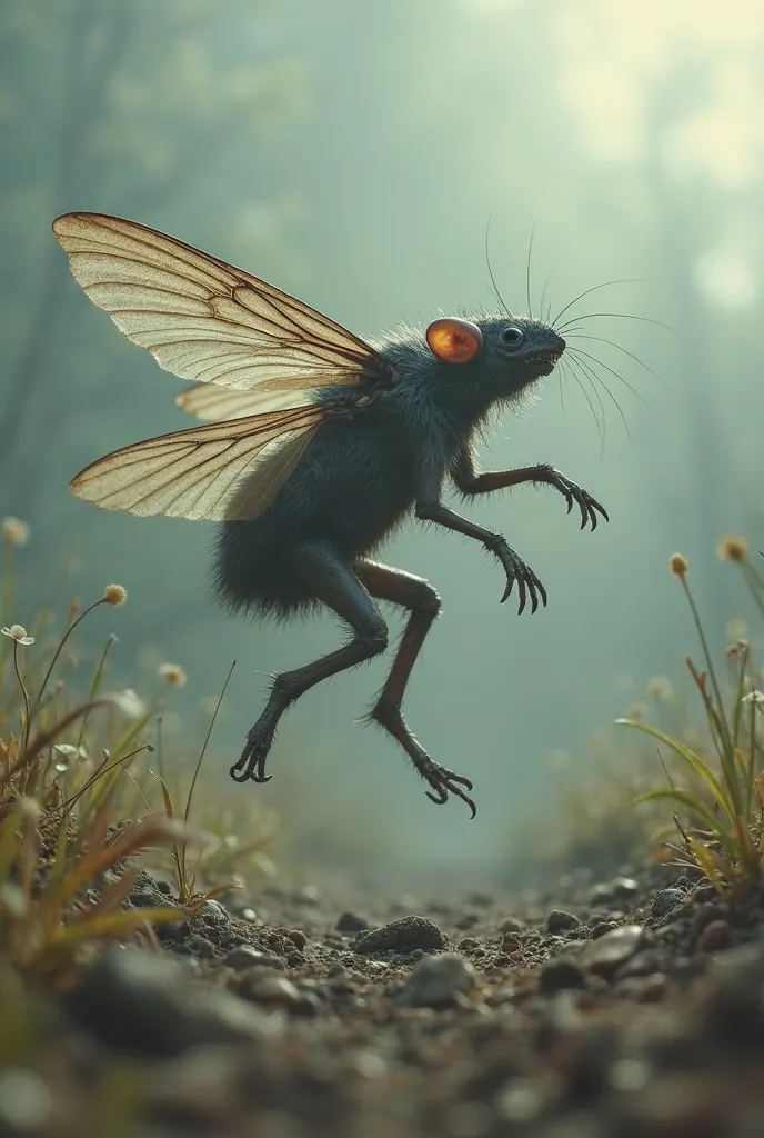 The hybrid rat-fly creature, with its deformed and disturbing body, it rises sharply from the ground, its membranous wings beating frantically. It rises rapidly, gaining altitude with erratic and uncontrolled movements.

As the creature rises, its shape be...