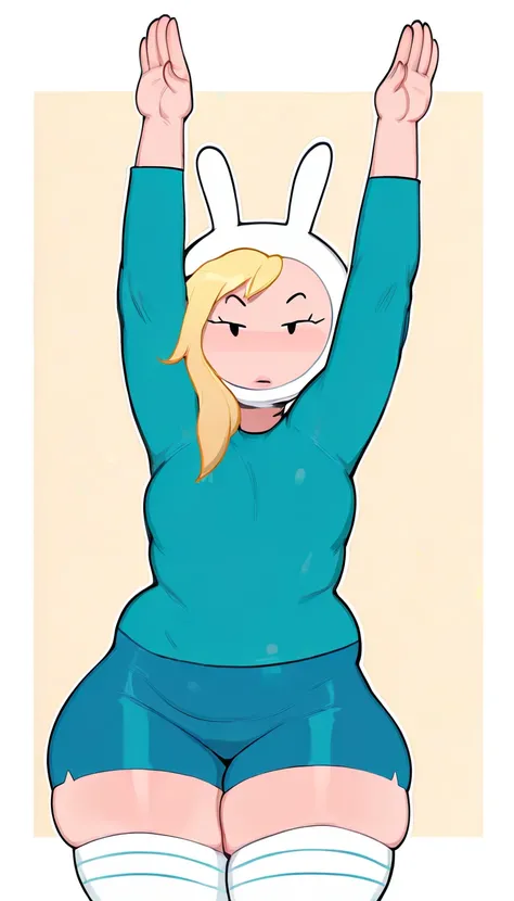 masterpiece, best quality, absurdres, very aesthetic, 1girl, solo, Fionna, looking at viewer, blonde hair, blue shirt, bunny hood, thighhighs, thighs, thick, thick thighs, pudgy, chubby, long sleeve shirt, blue shorts, polka dot background, white border, c...