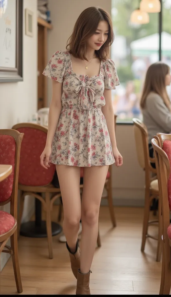 A super realistic depiction of a Japanese person, Smile,25 years old, with medium-length hair and a light brown hair loose wave perm, full-body depiction, wearing short floral pattern feminine dress 、wearing short boots, walking in a cafe.