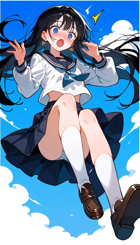 (beautiful girl : 1.3),1 girl,(sailor suit, Long Sleeve,skirt,earrings, striped underwear ,high socks,loafers), black hair,Long Hair, surprised, is embarrassing,blush,Strong winds,風でskirtがめくれる,School route, taken from below,masterpiece,Highest quality,Ultr...