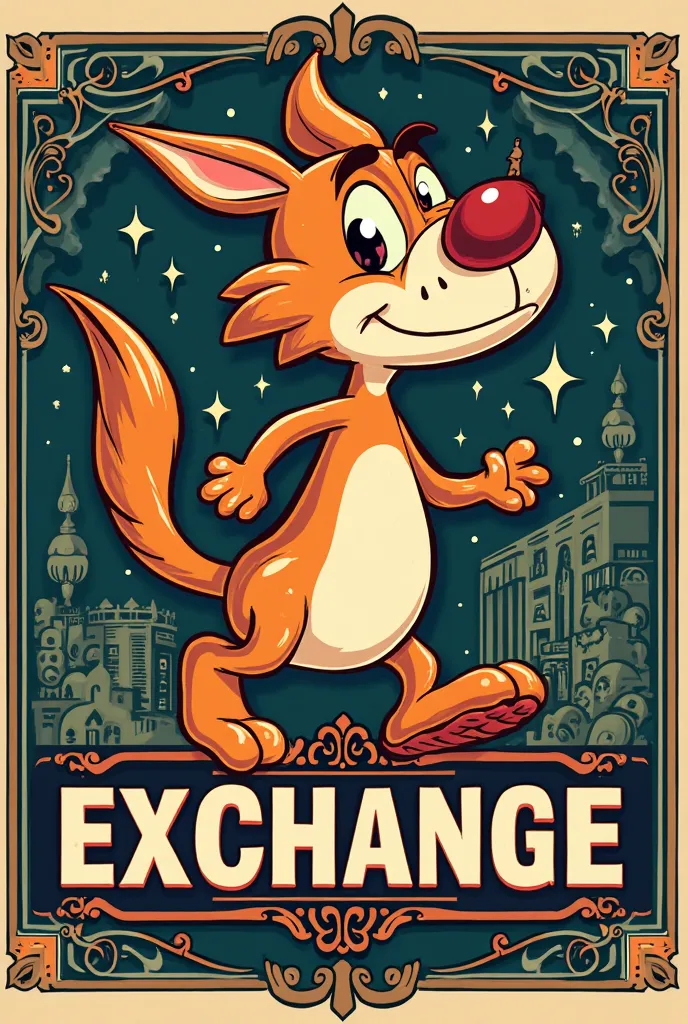 Create a logo and name for an offline crypto exchange in the style of vintage animation from the 30s, with dynamics, retro-style.