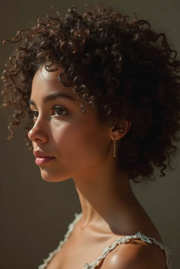  Woman in profile , natural and white-skinned, roasted fine, curly hair, black and rounded eyes, Fleshy Mouth, thin nose