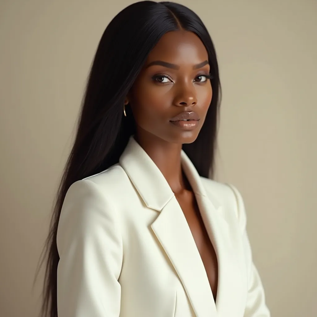 "Ultra realistic portrait of a black woman with light golden skin, sculpted features , totally straight and long hair combed back.

📌 She wears an impeccable tailoring white blazer,  high throat, sem decotes, no transparencies.
📌 The pose is confident,  wi...