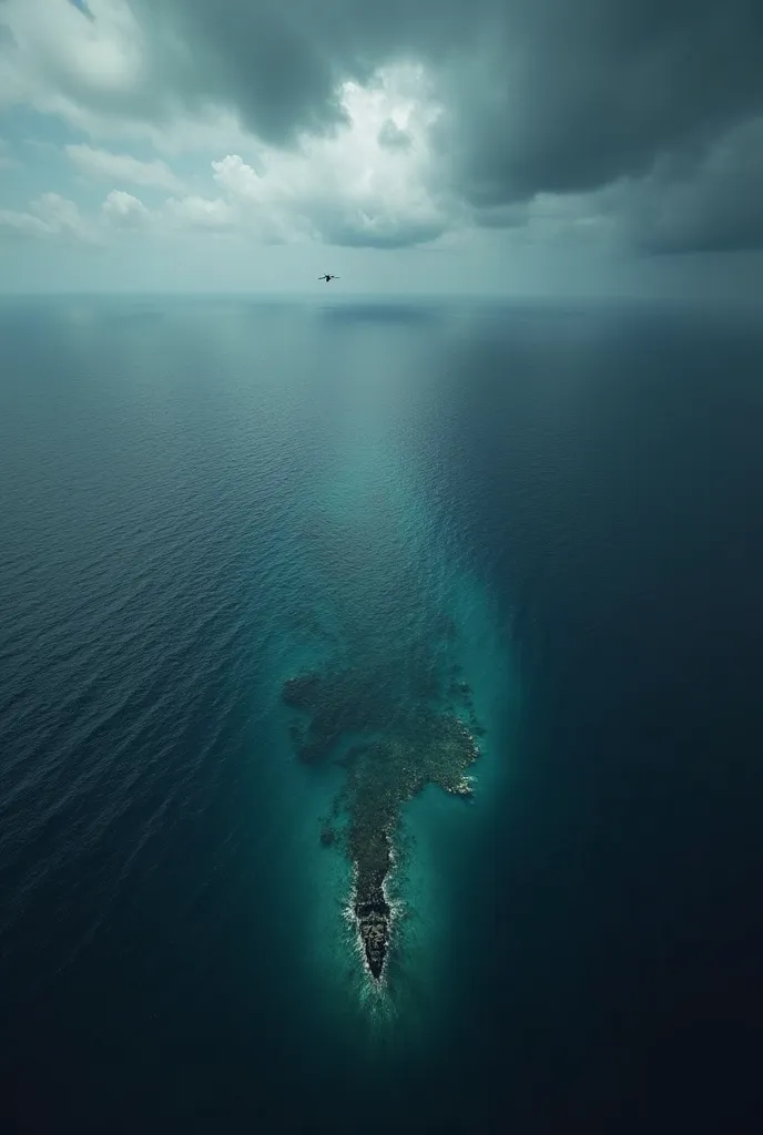 Aerial view of the Bermuda Triangle, showing stormy skies over a dark blue ocean. A faint outline of a ghostly shipwreck is visible beneath the water, and in the distance, an old aircraft disappears into the clouds.