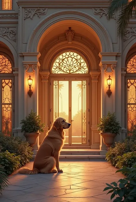 Here’s a detailed prompt for your image:

"A majestic golden retriever stands outside a grand, beautifully designed building with intricate architecture and warm glowing lights. The dog gazes happily at the entrance, its tail wagging slightly, as if admiri...