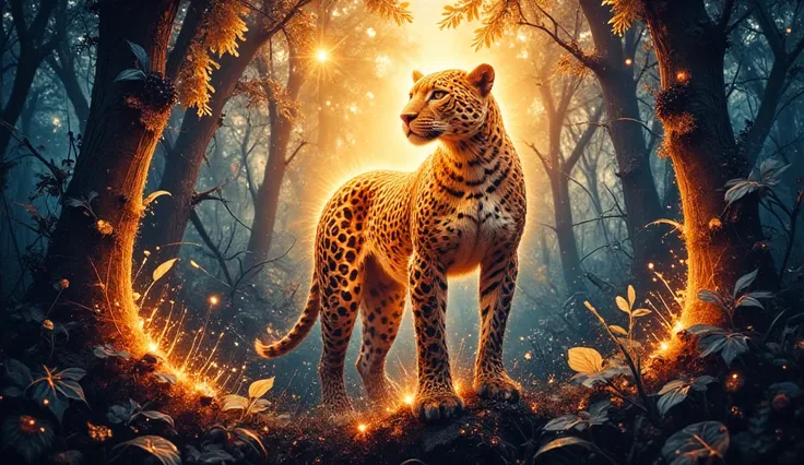 a watercolor painting of a wild leopard faces, its radiant golden coat adorned with glowing, swirling spots, its eyes reflecting a celestial glow; the forest around it blooms with delicate Fibonacci-patterned leaves, blending into a soft, impressionistic b...