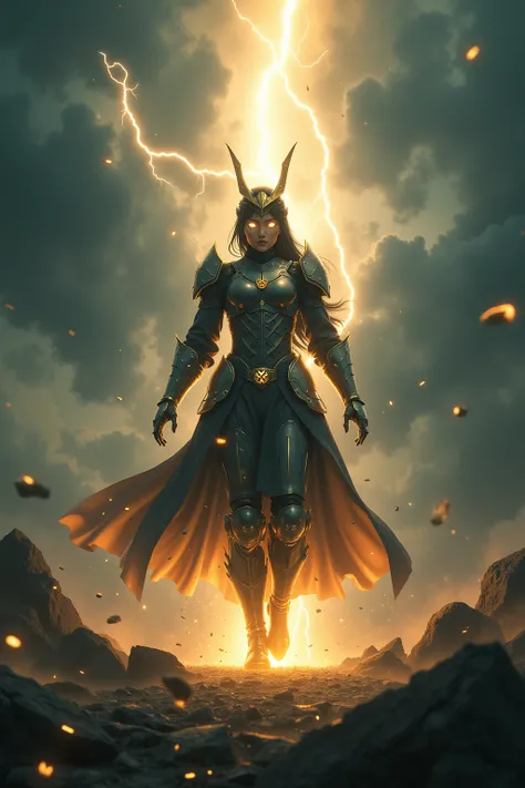 A Hero Landing、 Hero Landing、 samurai、 Suetsu、A cybernetic female cosmic  samurai、[Hero's Landing]: A mighty hero descends from the stormy sky, landing with a thunderous impact. [Golden light radiates from their metal armor], [lightning arcs through storm ...