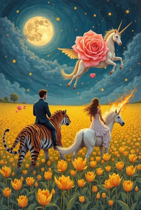 , a lover passing through a field of flowers(and a yellow tulip)Draw me. The man is riding a tiger on a sunflower field, and the woman is riding a dragon with a flame on a yellow tulip field.. The background is the moonlight in the night sky, and the unico...