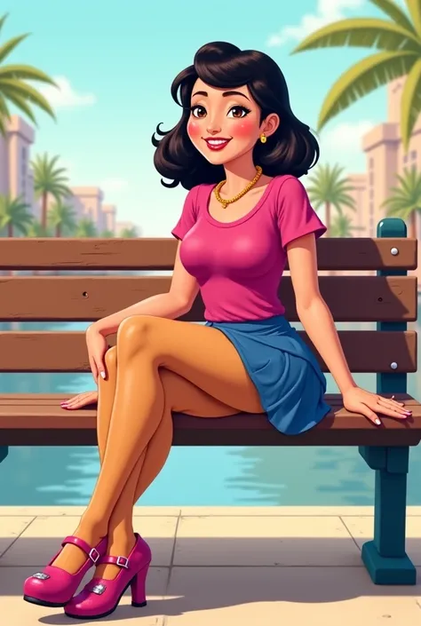 Tip: A very lovely  beautiful Asian American woman being happy alone on a bench in Downtown San Diego in the sun..The illustration is a high definition illustration with 4k resolution., with highly detailed facial features and cartoon style visuals, fuchsi...