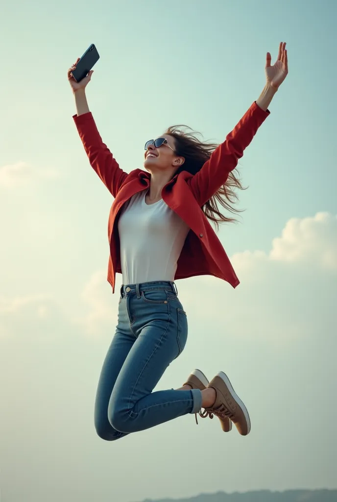 Ultra-realistic photo of woman jumping celebrating while holding cell phone