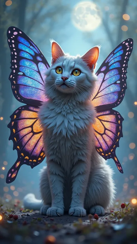 A surreal hybrid creature: a majestic cat with soft and shiny fur, with vibrant and colorful giant butterfly wings. His gaze is mysterious and enchanting, with glowing eyes that reflect moonlight. The wings have detailed patterns, with shades of blue, purp...