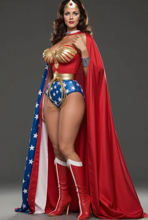  Sexy Linda Carter as an iconic Wonder Woman from the 1960s, WEARING A LATEX WONDER WOMAN COSTUME,  latex Wonder Woman costume  . red,  white and blue patriotic cape wearing a latex Wonder Woman costume  . A golden lasso on her waist . CRYSTAL CLEAR ART , ...