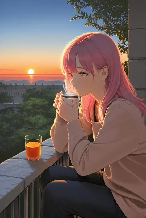 Coffee. Hyper realistic. Good quality. Sunset. Balcony. Hyper realistic. Sunset 