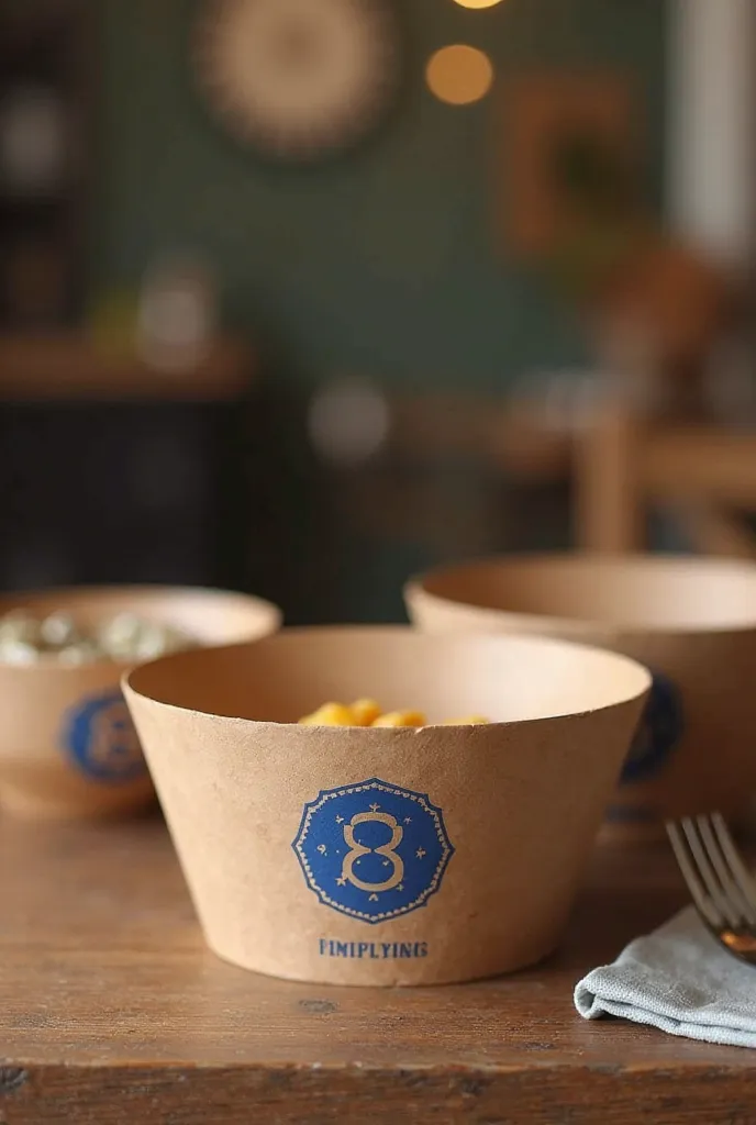 Create a real Paper-bowls 1000 ml, brown, round with some creativit logo for a restaurant similar to b.laban, which is selling crep staff and sweets. The logo should be blue.