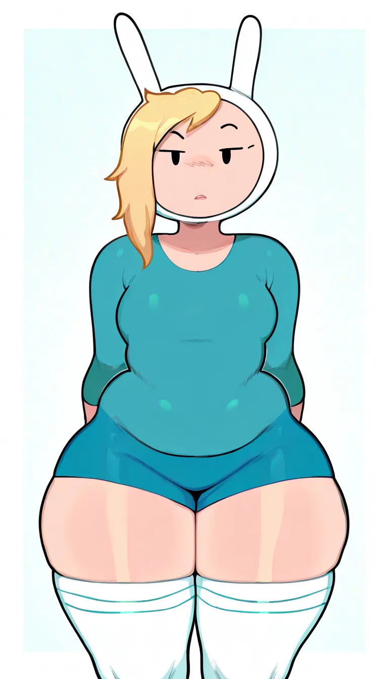 masterpiece, best quality, absurdres, very aesthetic, 1girl, solo, Fionna, looking at viewer, blonde hair, blue shirt, bunny hood, thighhighs, thighs, thick, thick thighs, pudgy, chubby, long sleeve shirt, blue shorts, polka dot background, white border, c...