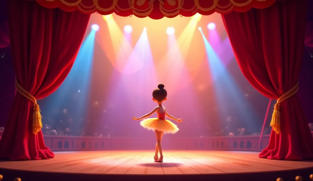 Create a Pixar Cartoon-style image of a circus stage with colorful lights, Open red curtain and a ballerina dancing in the center