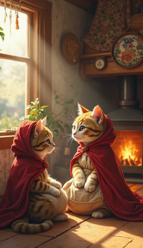 A charming anthropomorphic cat dressed as Little Red Riding Hood sits across from her mother in a cozy, sunlit home. The morning sunlight streams through a large window, casting a warm glow over the wooden interior. The home exudes a rustic warmth, with ha...