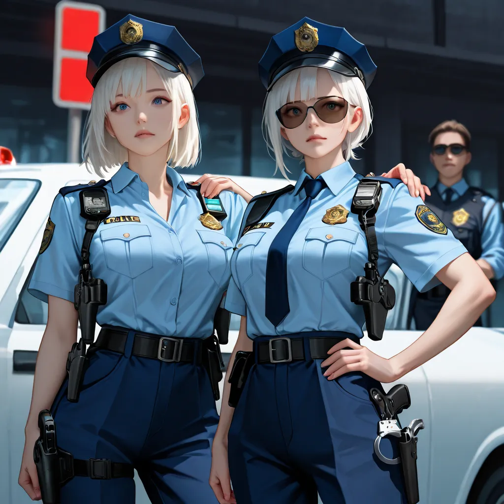 Anime style. The scene features a 40-year-old female police officer, with a slender yet strong physique, standing beside her patrol car in a sunlit urban setting. She has short, white hair, slightly tousled, adding to her experienced and authoritative pres...