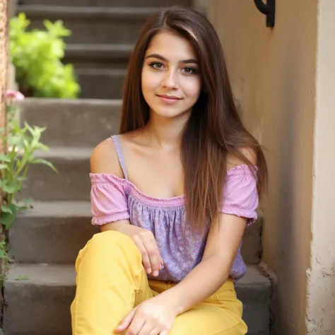 Woman sitting on a staircase. Has a pink blouse on. yellow pants. and sneakers.  .    style photorealistic ,  sharp focus, very detailed, sunlight, Detail,  full body