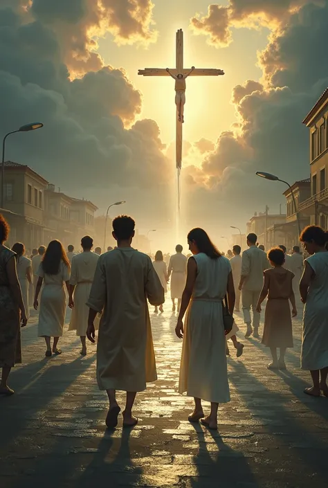 crowd of men, women and ren in 21st century clothes walking in the direction of a glowing wooden cross