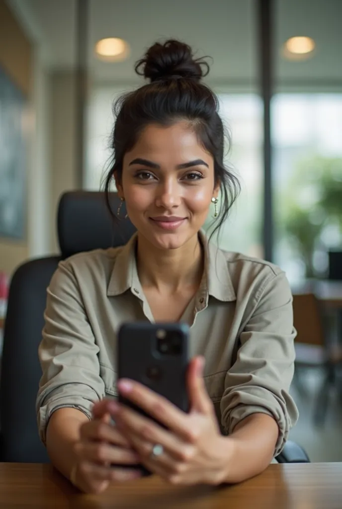 shraddha kapoor 25 yrs old wearing shirt and trousers taking a selfi in office cabin from front camera, tied hairs like a bun on top