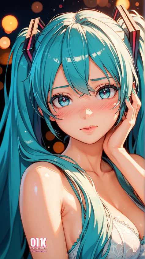 High quality Hatsune Miku,look embarrassed,beautiful skin, long hair,Delicate eyes,Graceful posture,Graceful Movement,Delicate Textures, Soft Light ,Natural Shadows,Delicate Textures,Fantastic Atmosphere,masterpiece,4K,HDR,physically-based rendering,vibran...