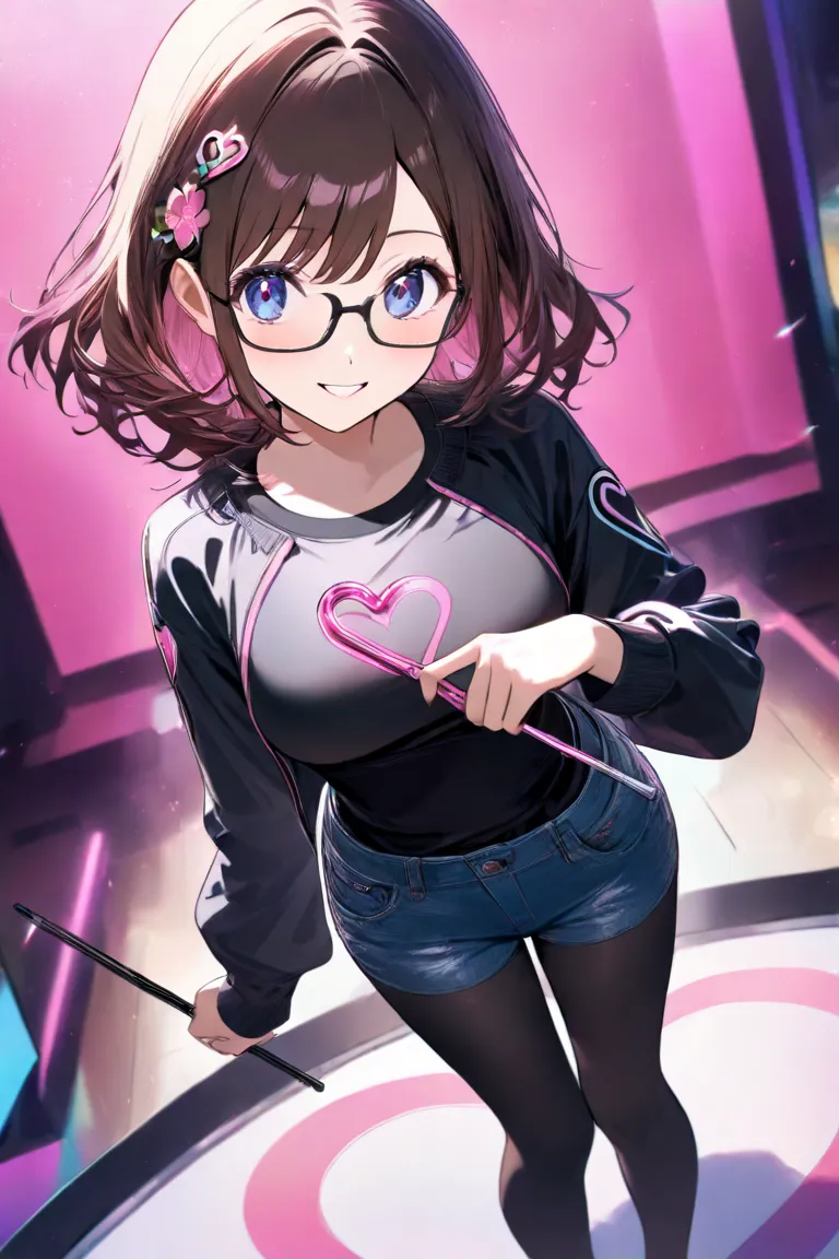 Standing at the podium　teacher　long brown hair　  pink flower hair ornament  　 medium breasts　pink heart sign　 denim hotpants　 black tights　 Black Down Jacket　 blushes, smiles,High Resolution, square black rimmed glasses　holding a stick in hand