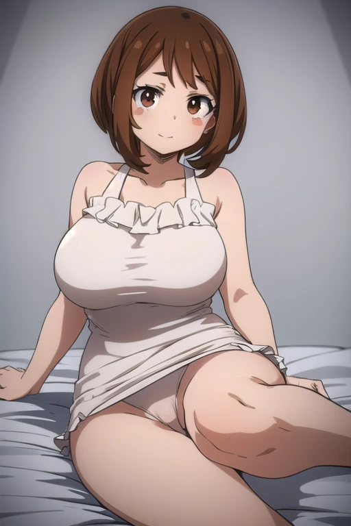 ochakouraraka,  Ochako Uraraka , ( coordination point :1.5), (brown eyes:1.5), brown hair, short hair, blush, blush stickers,  smile,
BREAK  bare shoulders ,white dress, Pyjama Blanco, bare shoulders ,gigantic breasts, marked nipples,Bare Legs, piernas abi...