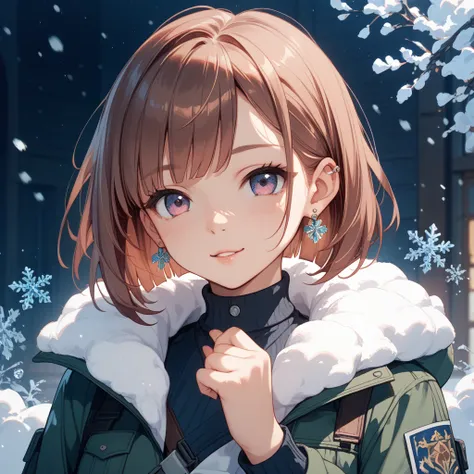  one woman、 pink brown bob hair、 cute、Sister、topaz earring on the right ear、emerald earring on left ear、Military cold protection、cold weather background