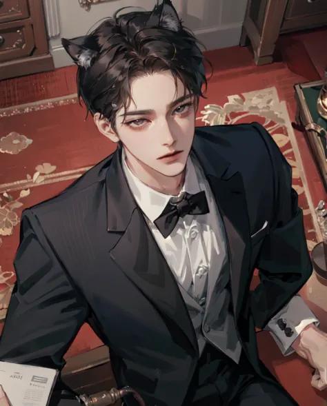 The one with black wolf ears, dark hair, dark eyes, and a spacious butler's suit. He's looking up at me from below. A serious expression waiting for my order. Masculine. 30 years old. mature. Relaxed muscles. Like a Korean idol. On a red mat.  tempting.